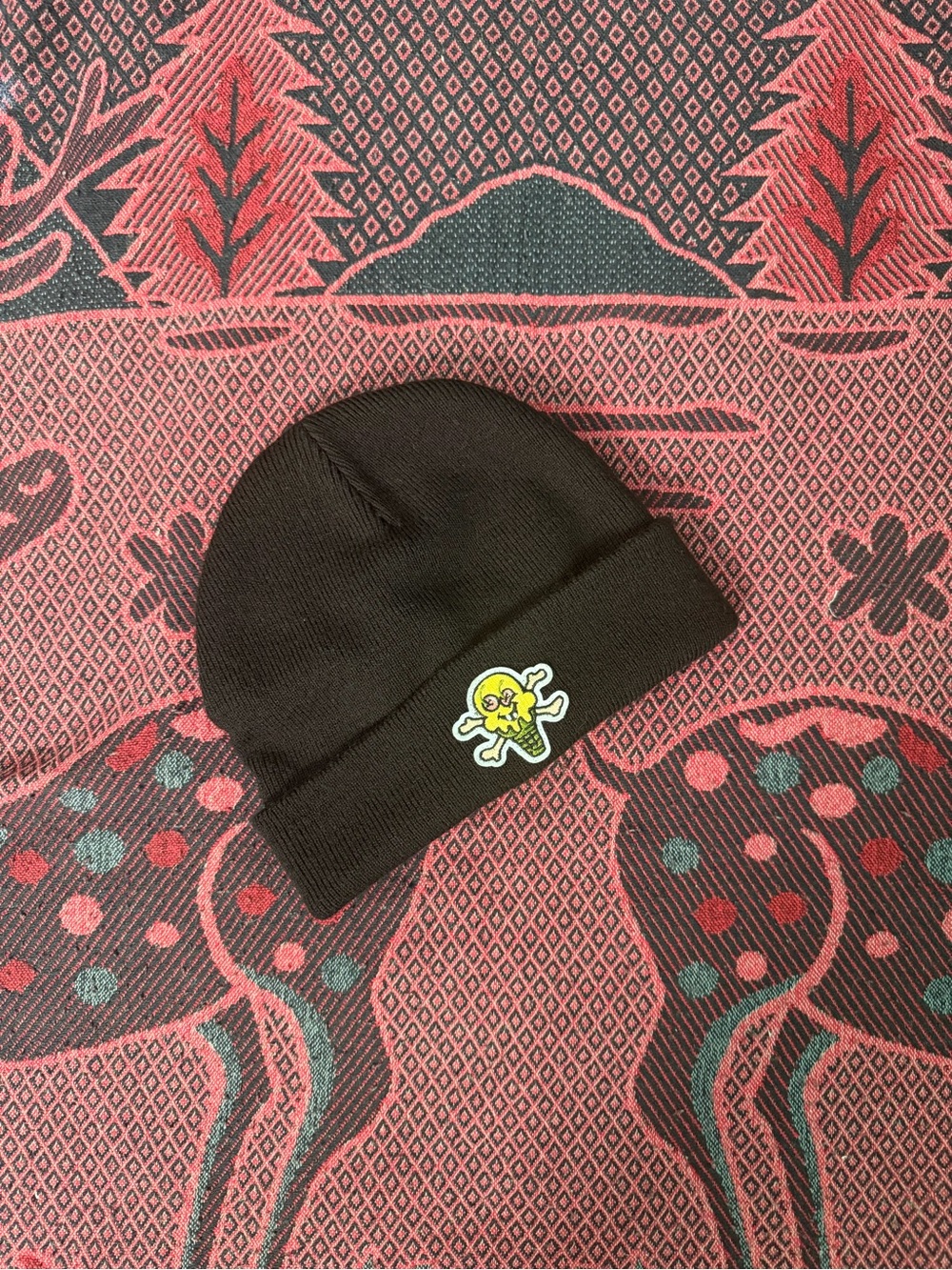 Icecream Black Beanie with Yellow Skull Patch